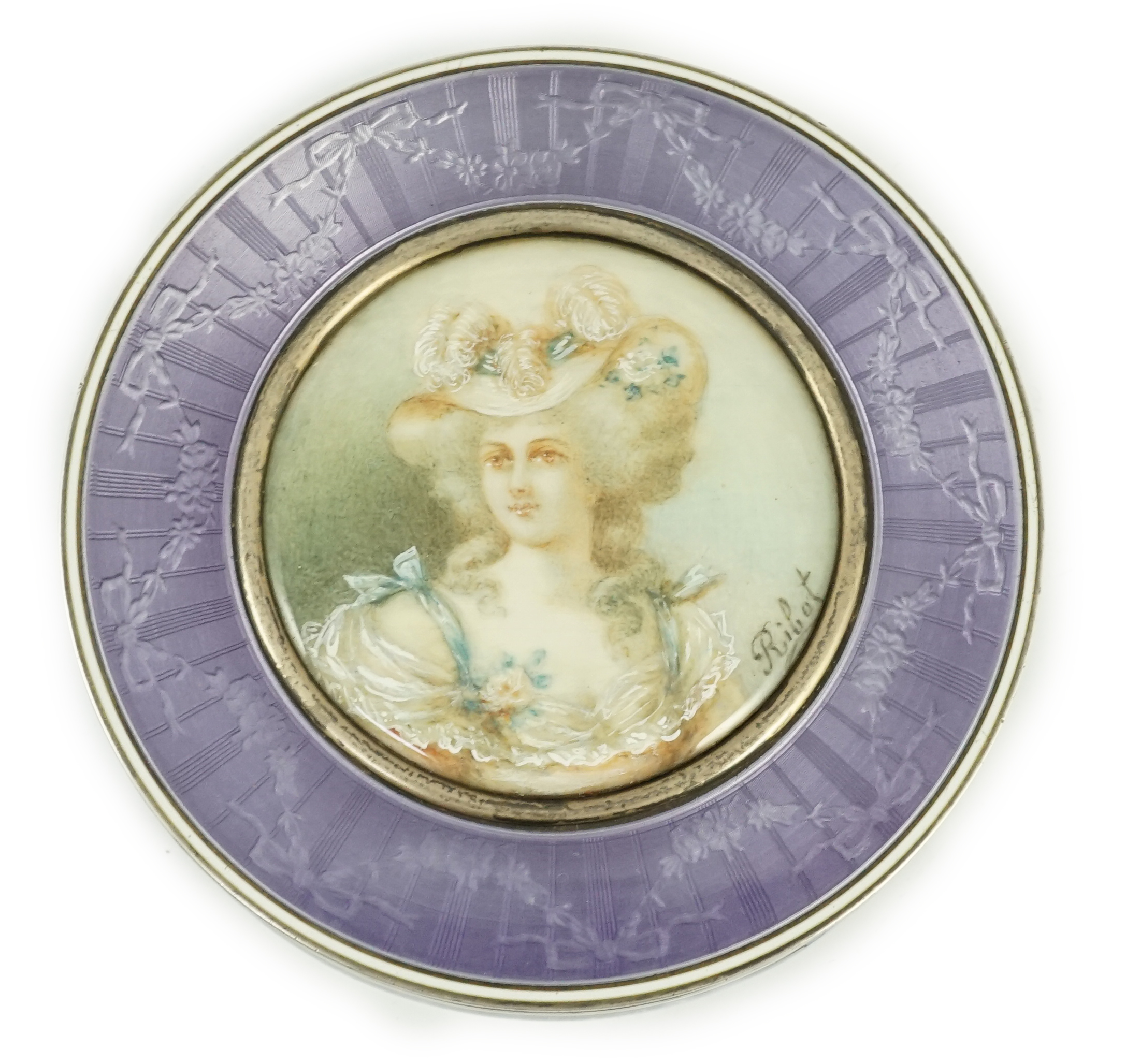 A 19th century French part engine turned silver and guilloche enamelled circular box and cover